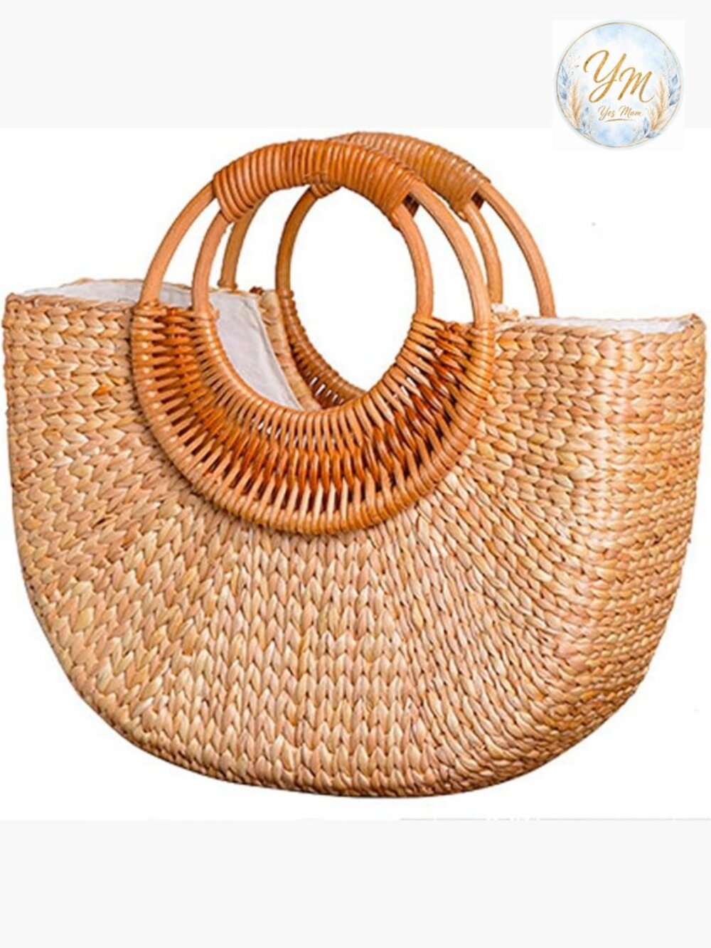 Handwoven Straw Tote Bag with Round Wood Handle Beach Vacation Rattan Clutch
